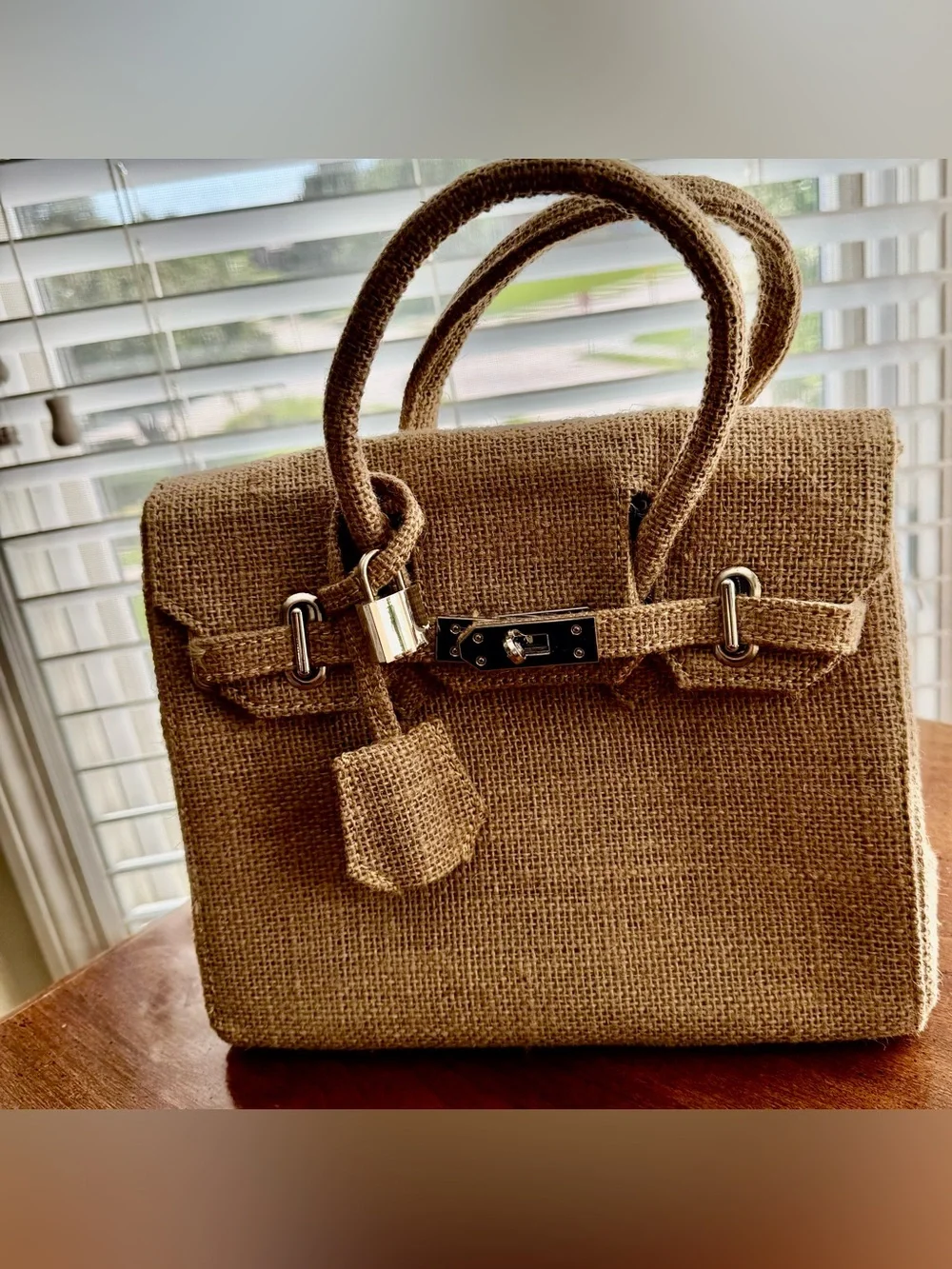 Birkin Style 25 Satchel Double Handle Bag - Natural Jute/Burlap - 25cm - Picture 2 of 7